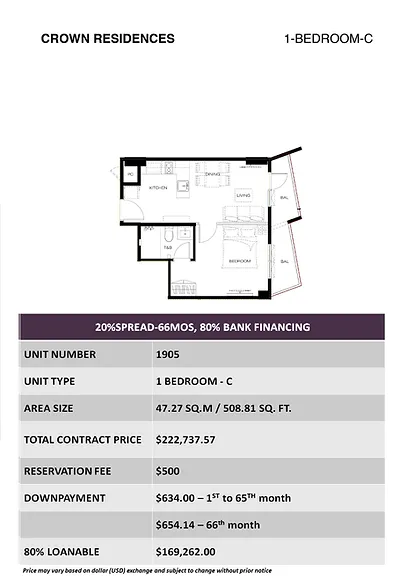 Crown Residences 1 BR-C Unit - 1905