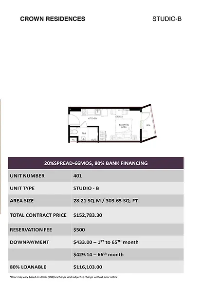 Crown Residences Studio-B Unit - 401