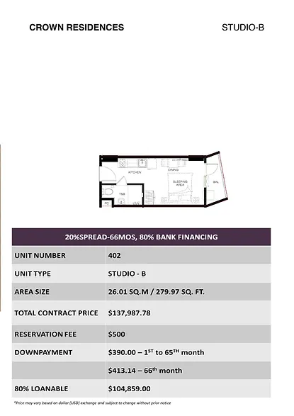 Crown Residences Studio-B Unit - 402