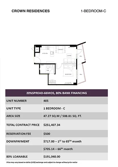 Crown Residences 1BR-C Unit - 405