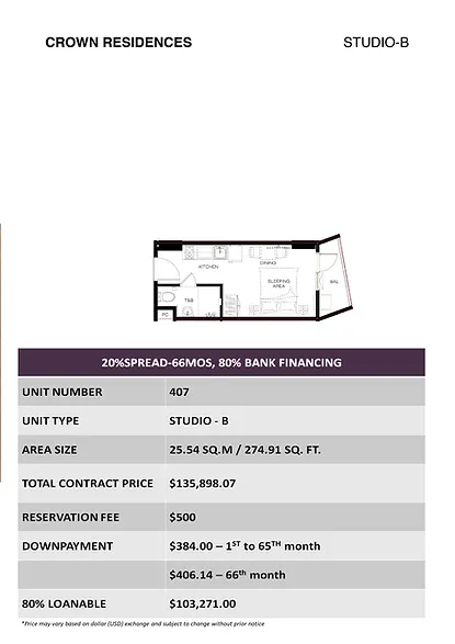 Crown Residences Studio-B Unit - 407
