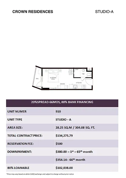 Crown Residences Studio-A Unit - 910