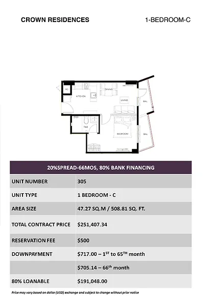 Crown Residences 1 BR-C Unit - 305