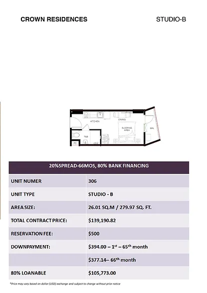 Crown Residences Studio-B Unit - 306